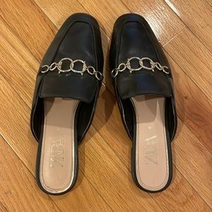 Zara black slides with gold buckle detail